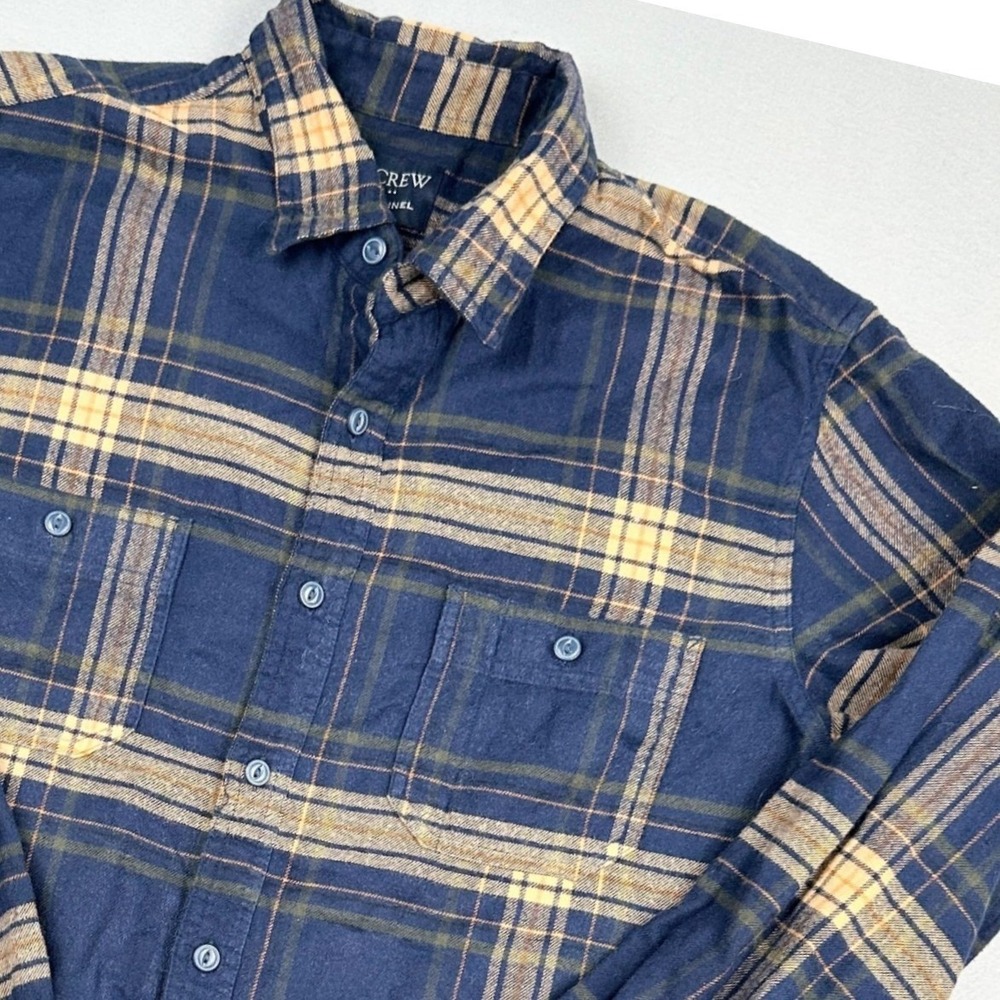 J.Crew Flannel Shirt Mens Large Navy Blue‎ Yellow Plaid Cotton Button Down L